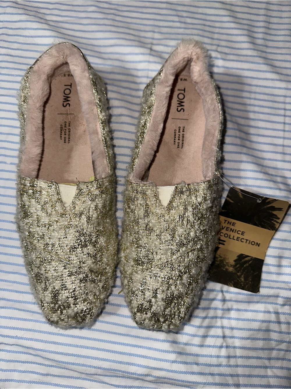Toms Metallic Gold Slip-On Flats with Blush Plush Lining